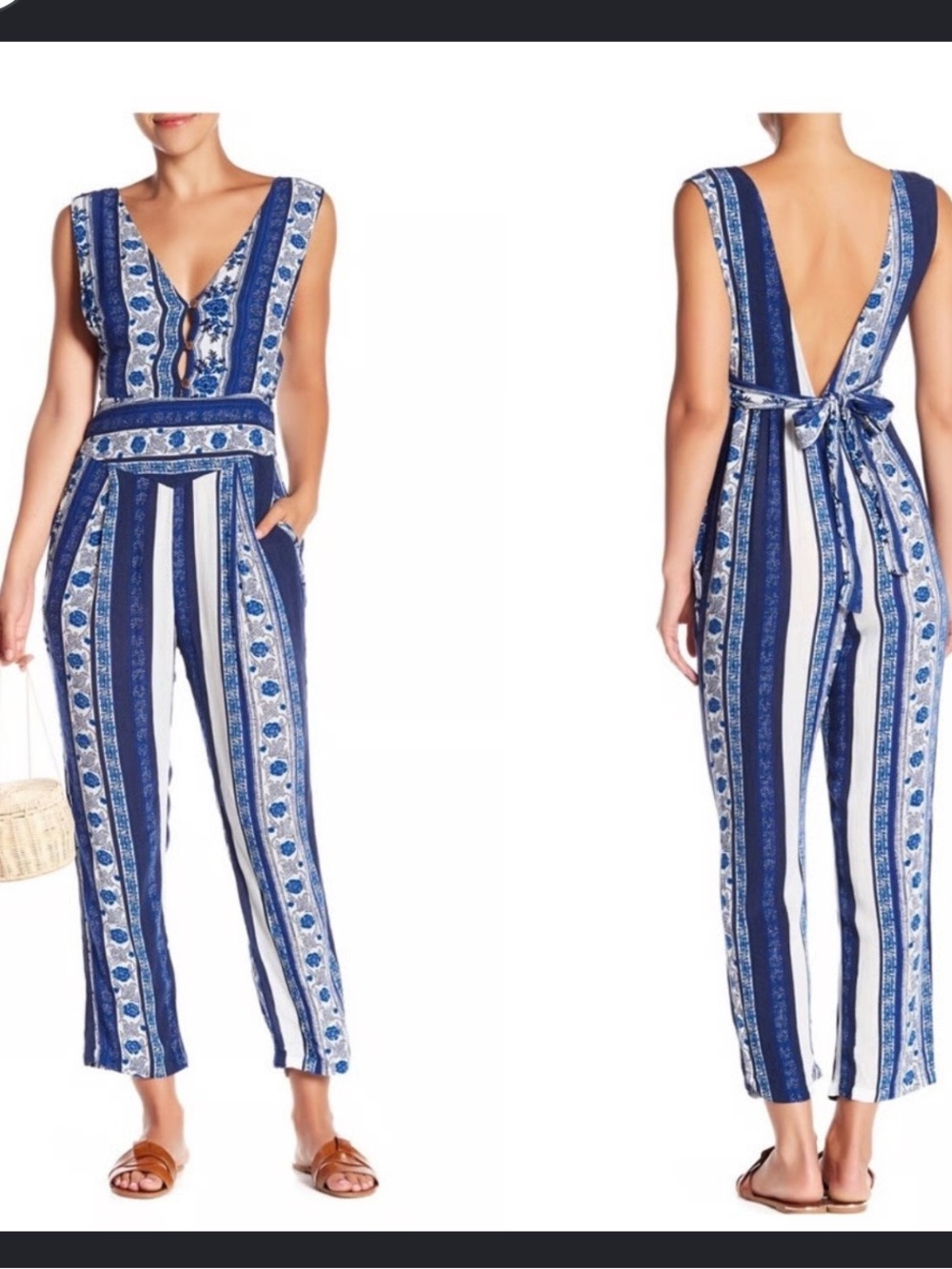 Free People All Shook Up Navy and White Floral Printed Jumpsuit Sz 4